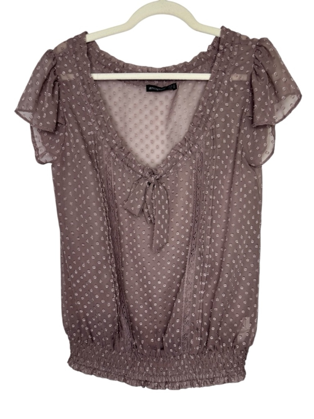 Atmosphere Textured Swiss Dot Tie-Front Sheer Women's Top - Mauve
